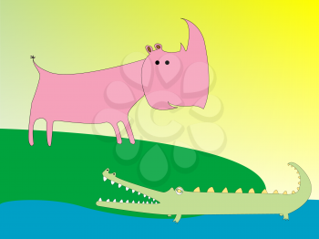 Royalty Free Clipart Image of Rhinoceros and Crocodile