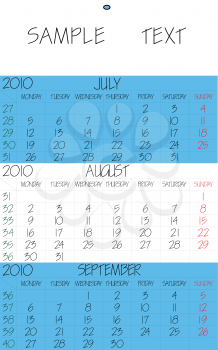 Royalty Free Clipart Image of a 2010 Calendar for July, August, September