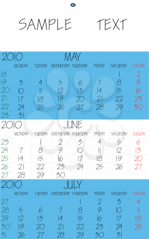 Royalty Free Clipart Image of a Calendar for May, June and July
