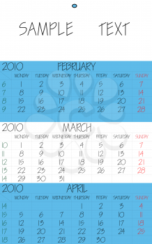 Royalty Free Clipart Image of a Winter and Spring Calendar for 2010