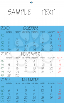 Royalty Free Clipart Image of a Calender for the Final Three Months of 2010