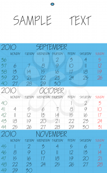 Royalty Free Clipart Image of a Fall 2010 Calendar
