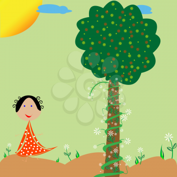 Royalty Free Clipart Image of a Little Girl Flowers and a Tree