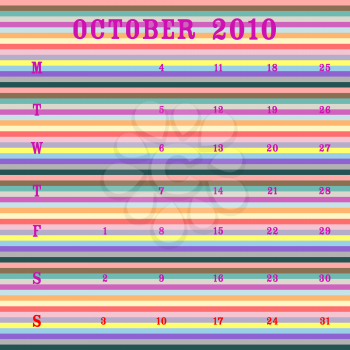 Royalty Free Clipart Image of an October Calendar for 2010