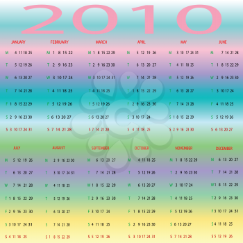 Royalty Free Clipart Image of a Pastel Stripe Calender for 2010