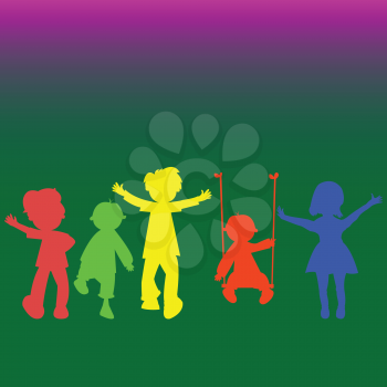 Royalty Free Clipart Image of Playing Children in Coloured Silhouettes
