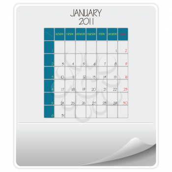 2011 paper calendar january, abstract vector art illustration