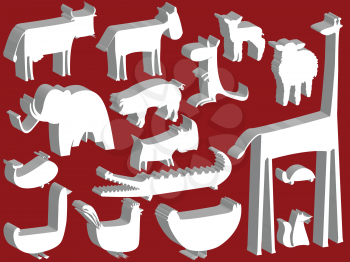 animal figurines over red background, abstract vector art illustration