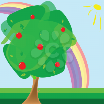 apple tree and rainbow, abstract composition; vector art illustration