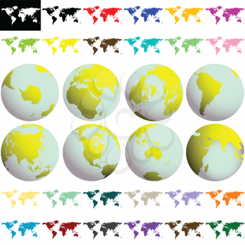 earth globes and maps against white background, abstract collection; vector art illustration