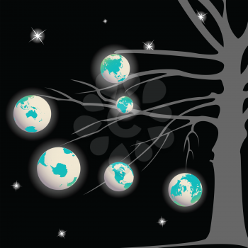 earth globes tree, abstract vector art illustration