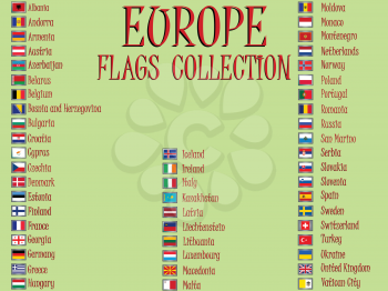 europe flags collection against green background, abstract vector art illustration