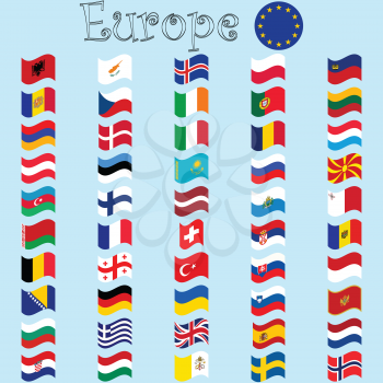 europe stylized flags against blue background, abstract vector art illustration