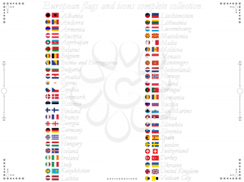 european flags and icons complete collection against white background, abstract vector art illustration