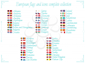 european flags and icons collection in alphabetical order, abstract vector art illustration