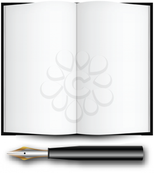 fountain ink pen and open book over white background, abstract vector art illustration