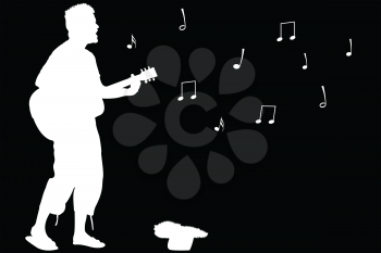 guitar guy singing, abstract white silhouette isolated on black background; vector art illustration