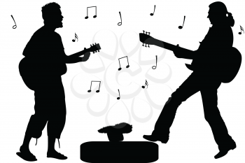 guitar rock stars, abstract singers silhouettes against white background; vector art illustration