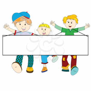 happy kids cartoon with blank banner against white background, abstract vector art illustration