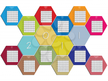 hexagonal calendar 2011 against white background, abstract vector art illustration