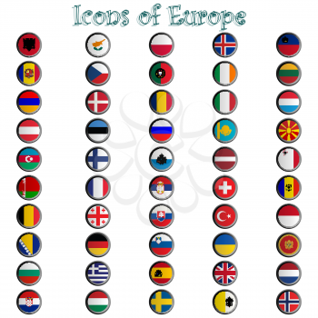 icons of europe complete collection, metallic symbols against white background; abstract vector art illustration