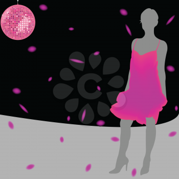 girl silhouette wearing pink dress over disco background; abstract composition; art illustration