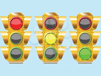 three different traffic lights, abstract composition over sky color background; vector art illustration