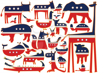 animals vector against white background, with stylized american flag; abstract vector art illustration