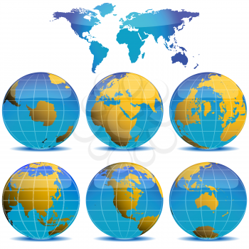 world globes collection against white background, abstract vector art illustration