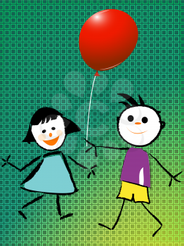 boy and girl playing with balloon, abstract vector art illustration