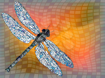 dragon fly against squared texture, abstract vector art illustration