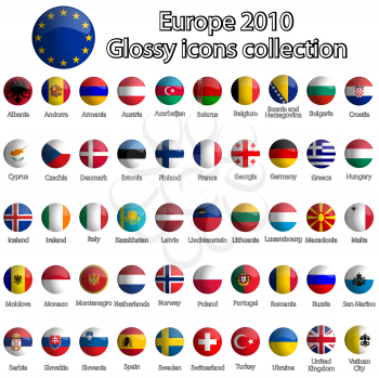 europe glossy icons collection against white background, abstract vector art illustration