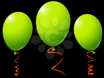 green balloons against black background, with orange ribbons; abstract vector art illustration