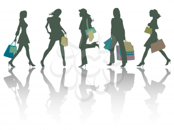 shopping girls silhouettes against white background, abstract vector art illustration