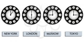 time zone clocks for four different countries against white background, abstract vector art illustration