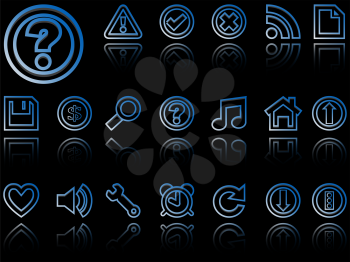 web icons reflected against black background, abstract vector art illustration