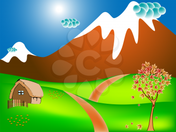 autumn landscape with rural scene, mountains, fields and road; abstract vector art illustration
