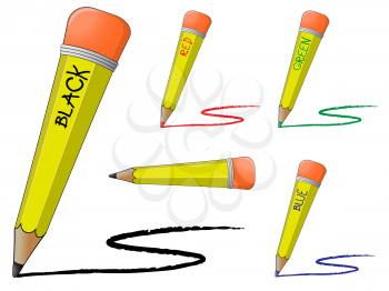 black and colored pencils against white background, abstract vector art illustration