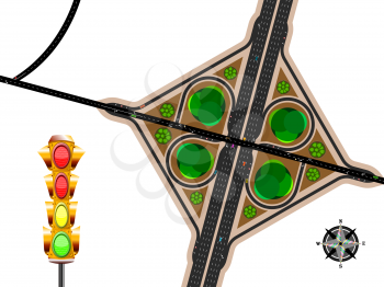 highway exit, aerial view with traffic lights and wind rose; abstract vector art illustration