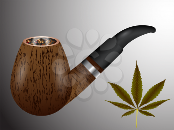 wooden smoking pipe and cannabis leaf, abstract vector art illustration; image contains transparency