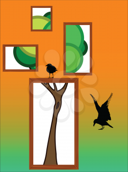abstract tree with birds, vector art illustration
