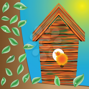 birds house on a tree, leaves and water drops; abstract vector art illustration; image contains transparency