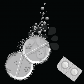 effervescent pills and blister pack against black background, abstract vector art illustration; image contains transparency