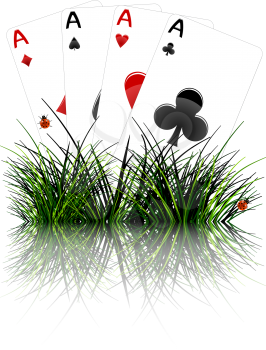 four aces behind grass reflected; abstract vector art illustration; image contains opacity mask and transparency