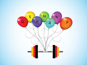 german weights pulled up by balloons over sky background, abstract vector art illustration; image contains transparency