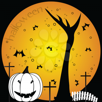 halloween scenery with scary tree, bats and pumpkin over a cemetery background; abstract vector art illustration