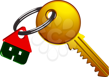 house and key on the same ring against white background, abstract vector art illustration
