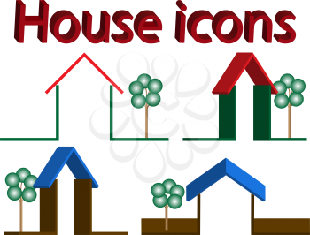 3d house icons with trees against white background, abstract vector art illustration