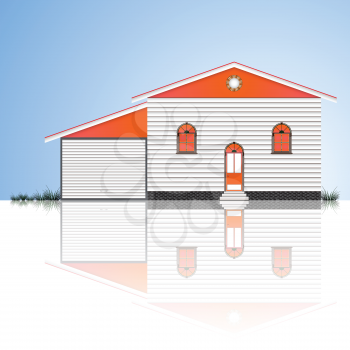 house with garage and blue sky reflected, abstract vector art illustration; image contains transparency and opacity mask
