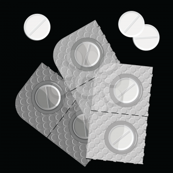 pills in a blister pack and isolated against black background, abstract vector art illustration; image contains transparency